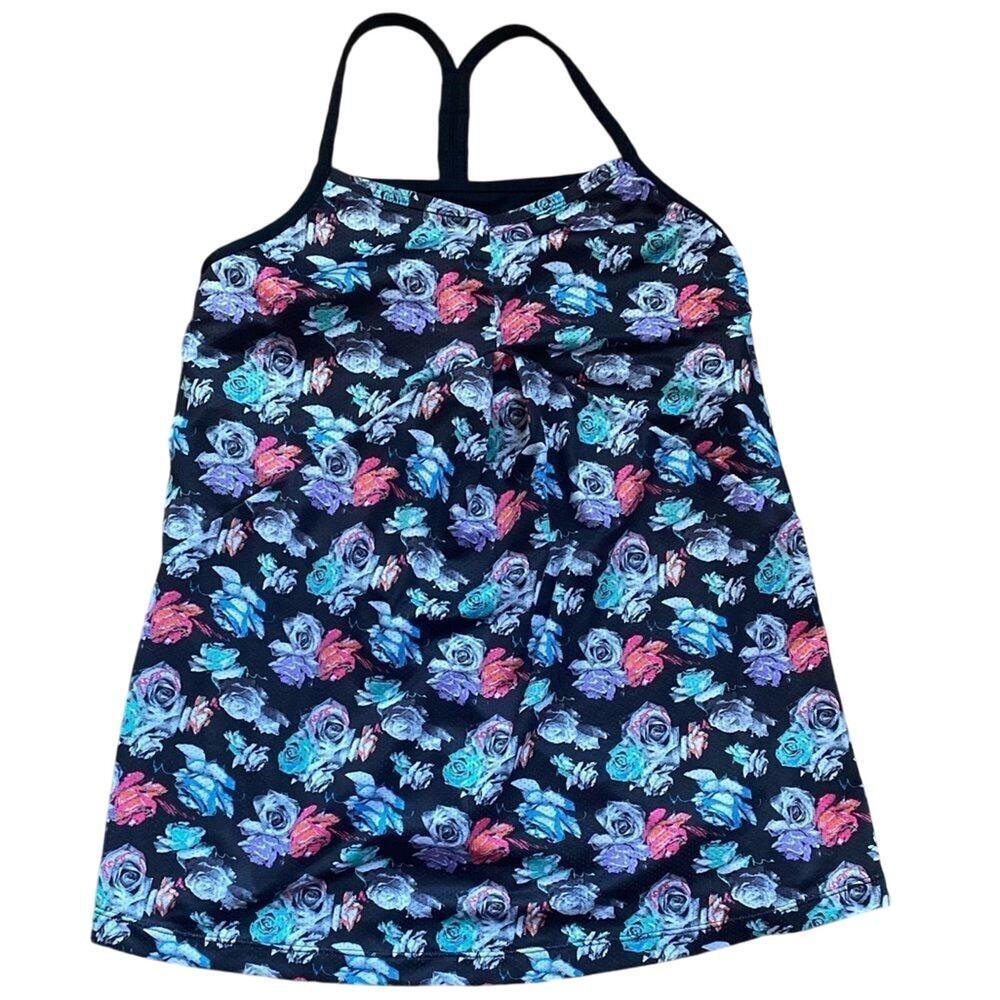 Colosseum black and neon rose floral print light weight yoga running tank